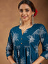 Janasya Women's Teal Blue Pure Cotton Floral Printed A-line Kurta Set